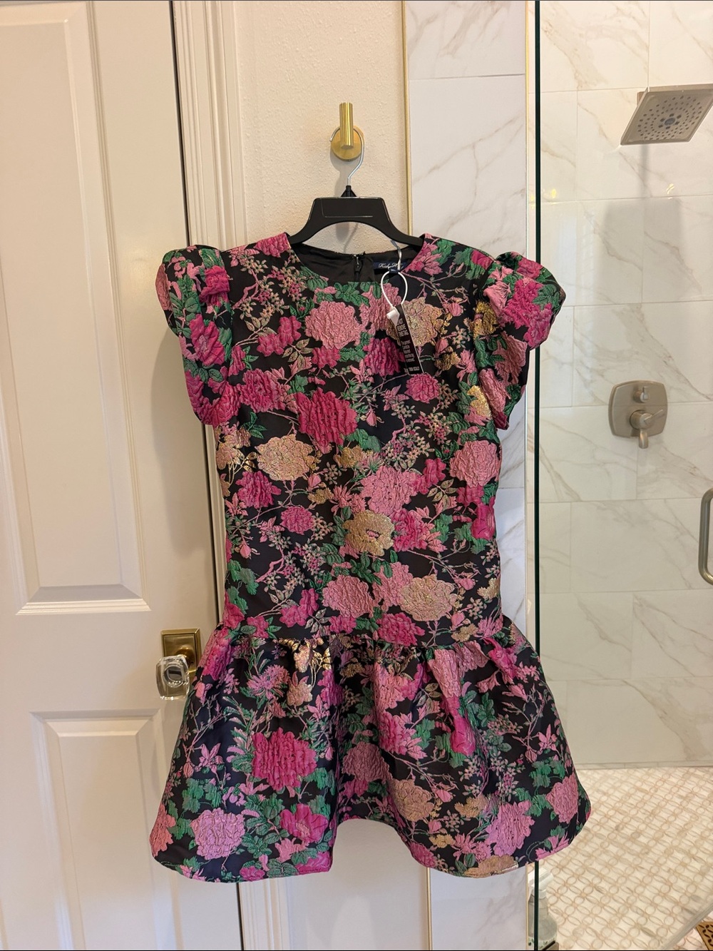 Women’s Floral Puff-Sleeve Party Dress - Pink and Green